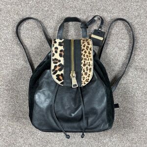 A. Bellucci Black Genuine Leather Suede Pony Hair Leopard Print Backpack Handbag
